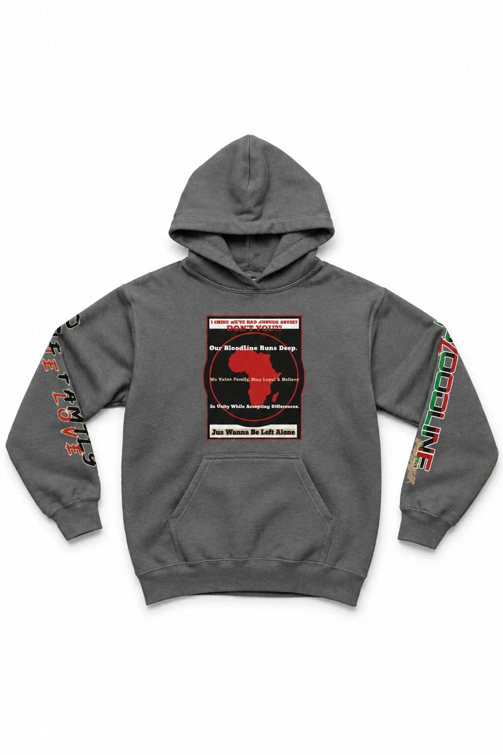 A dark gray pullover hoodie with a red and black graphic on the chest and colorful text graphics down both sleeves, displayed against a plain white background.